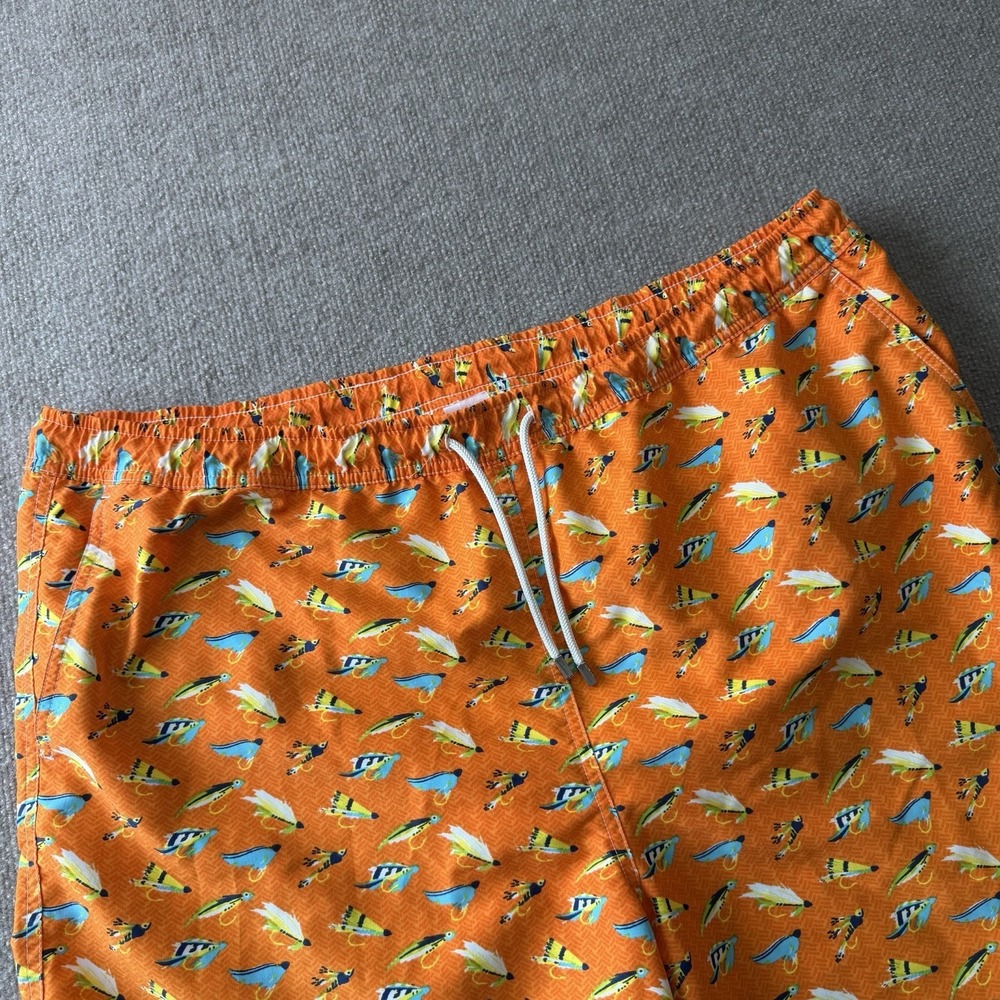 Peter Millar Mens XXL Orange Fly Fishing Flies Lures Swim Trunks Lined Shorts